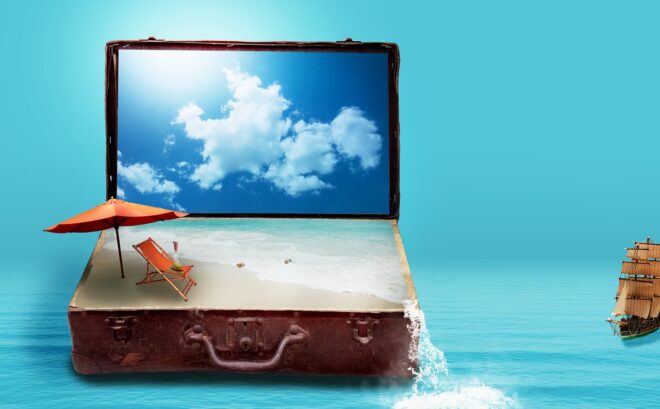 fantasy, to travel, travel, vacations, suitcase, sea, beach, luggage, dreams, holiday plans, nature, travel plans, surreal, imagination, image montage