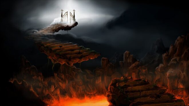 hell, purgatory, heaven, stairs, path, lucifer, lava, surreal, fantasy, digital art, digital artwork, hell, hell, hell, hell, hell, heaven, heaven, heaven, fantasy